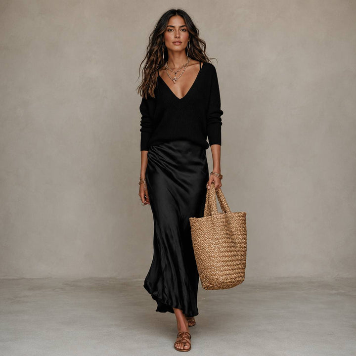 Women's Satin Slip Dress & V-Neck Knit Sweater Set