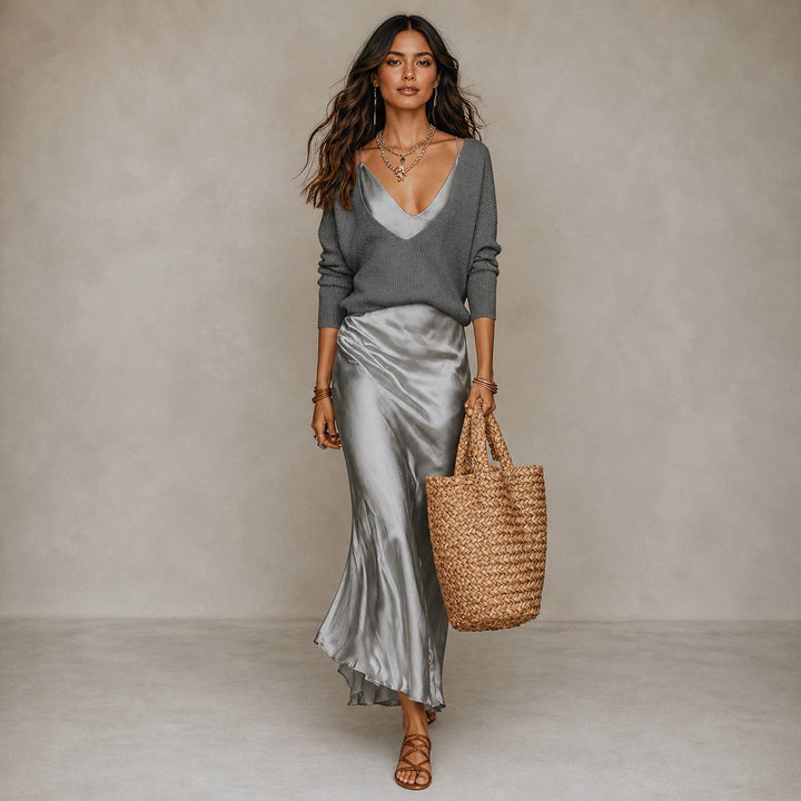 Women's Satin Slip Dress & V-Neck Knit Sweater Set