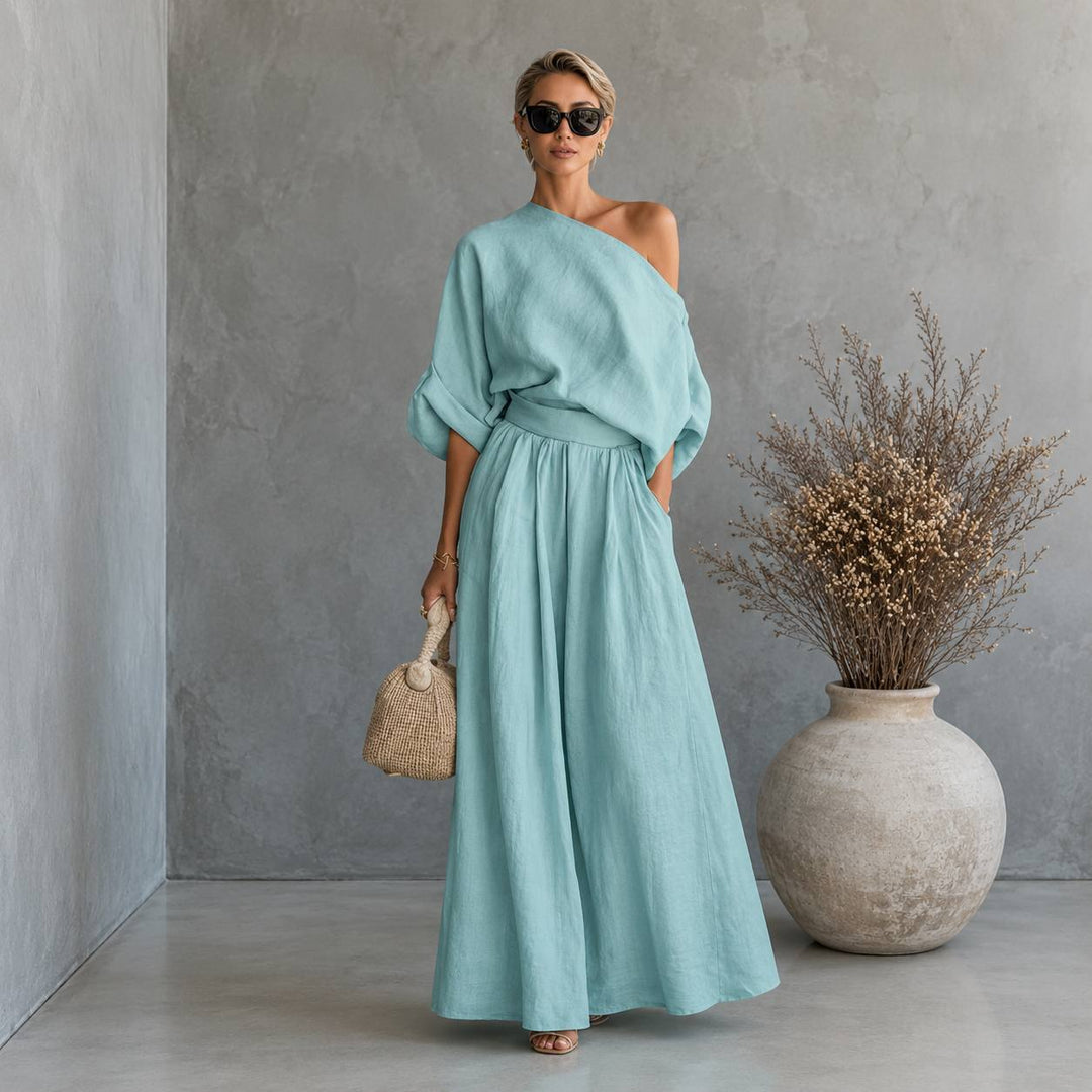 Women's Off Shoulder Half Sleeve Top & High Waist Wide Leg Pants Set