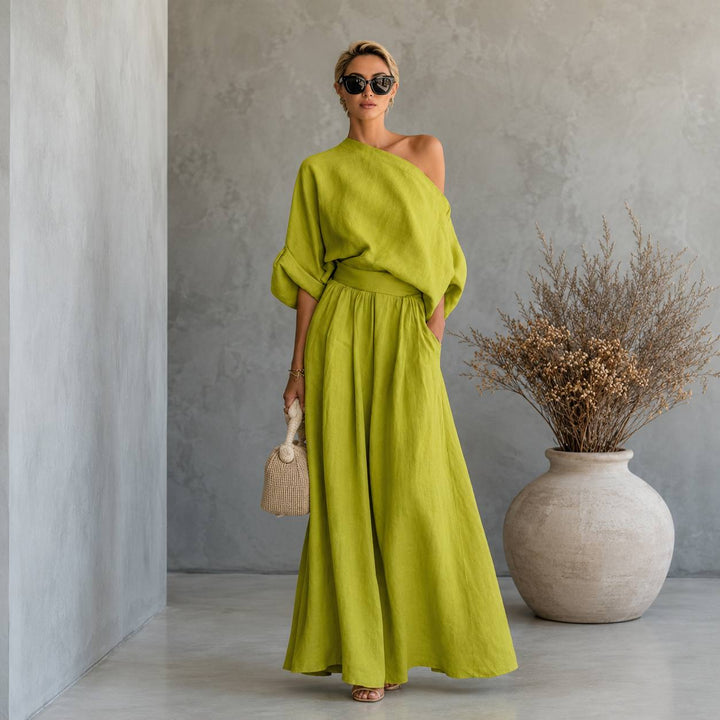 Women's Off Shoulder Half Sleeve Top & High Waist Wide Leg Pants Set