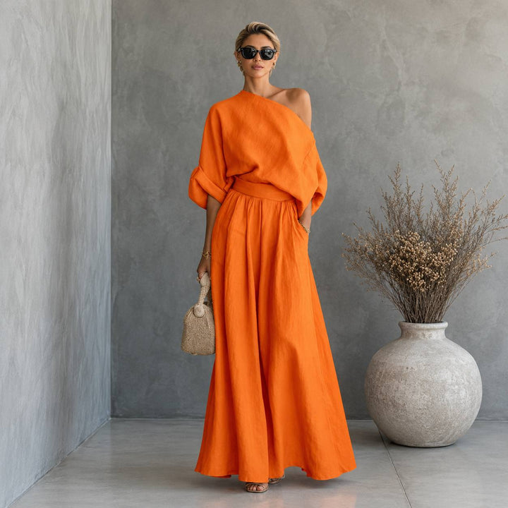 Women's Off Shoulder Half Sleeve Top & High Waist Wide Leg Pants Set