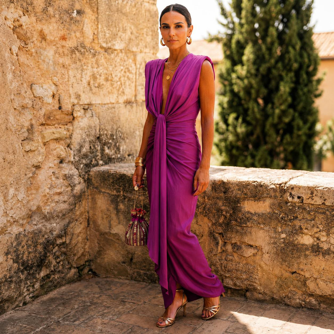 Women's Sleeveless Plunge Knot Front Midi Dress