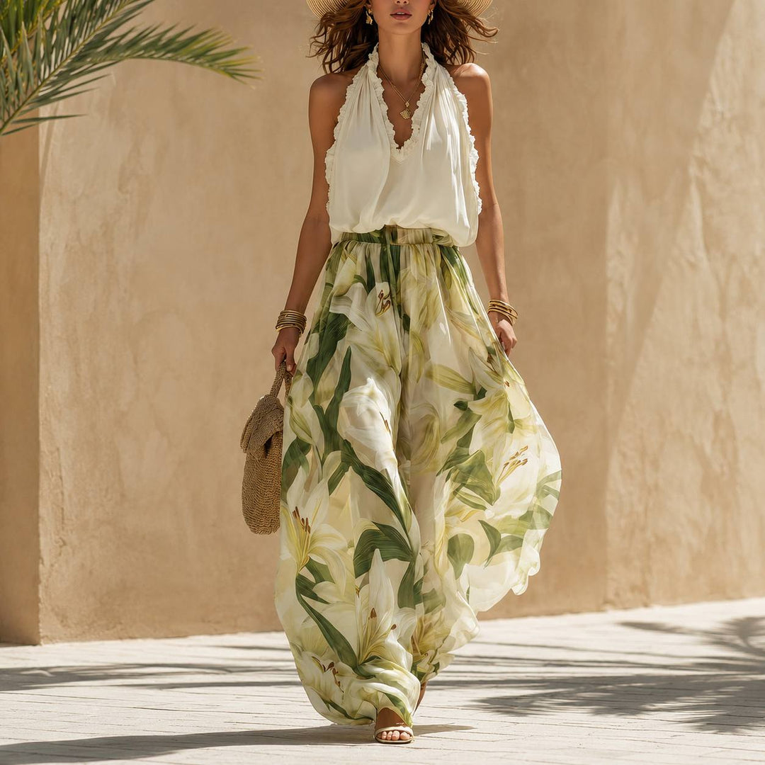 Women's Sleeveless Floral Wide Leg Pants Set