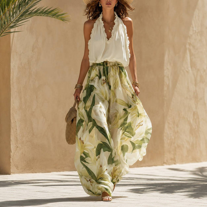 Women's Sleeveless Floral Wide Leg Pants Set