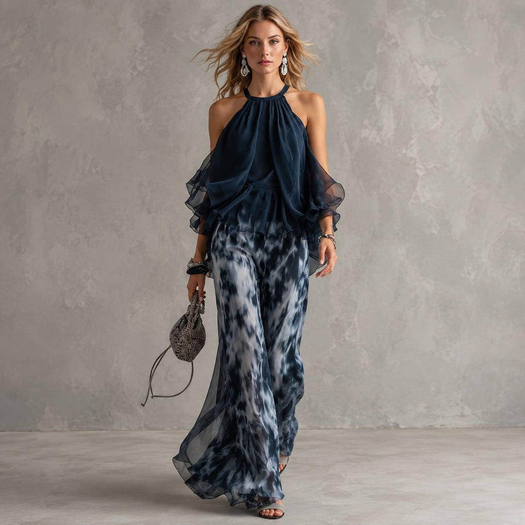 Women's Halter Chiffon Top Wide Leg Pants Set