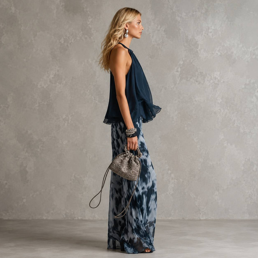 Women's Halter Chiffon Top Wide Leg Pants Set
