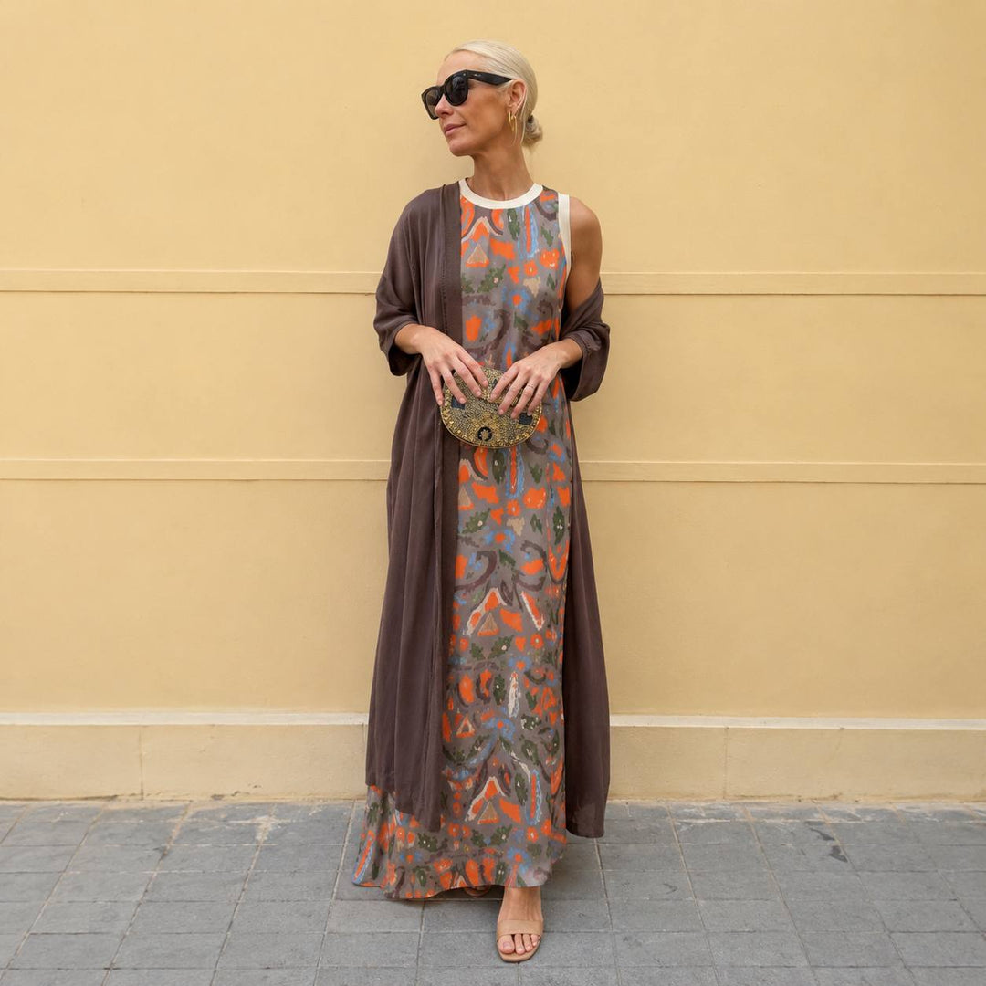 Women's Printed Sleeveless Maxi Dress with Cardigan