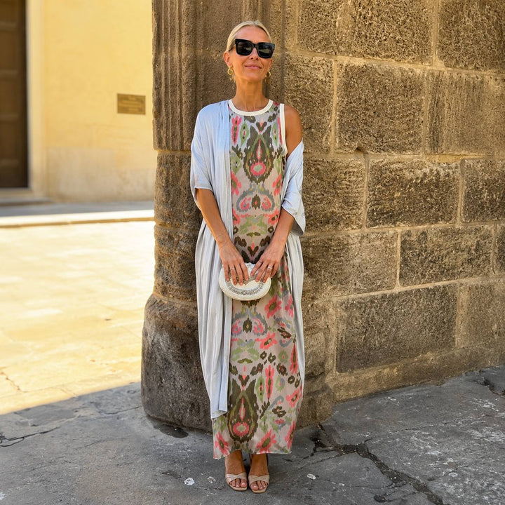 Women's Printed Sleeveless Maxi Dress with Cardigan