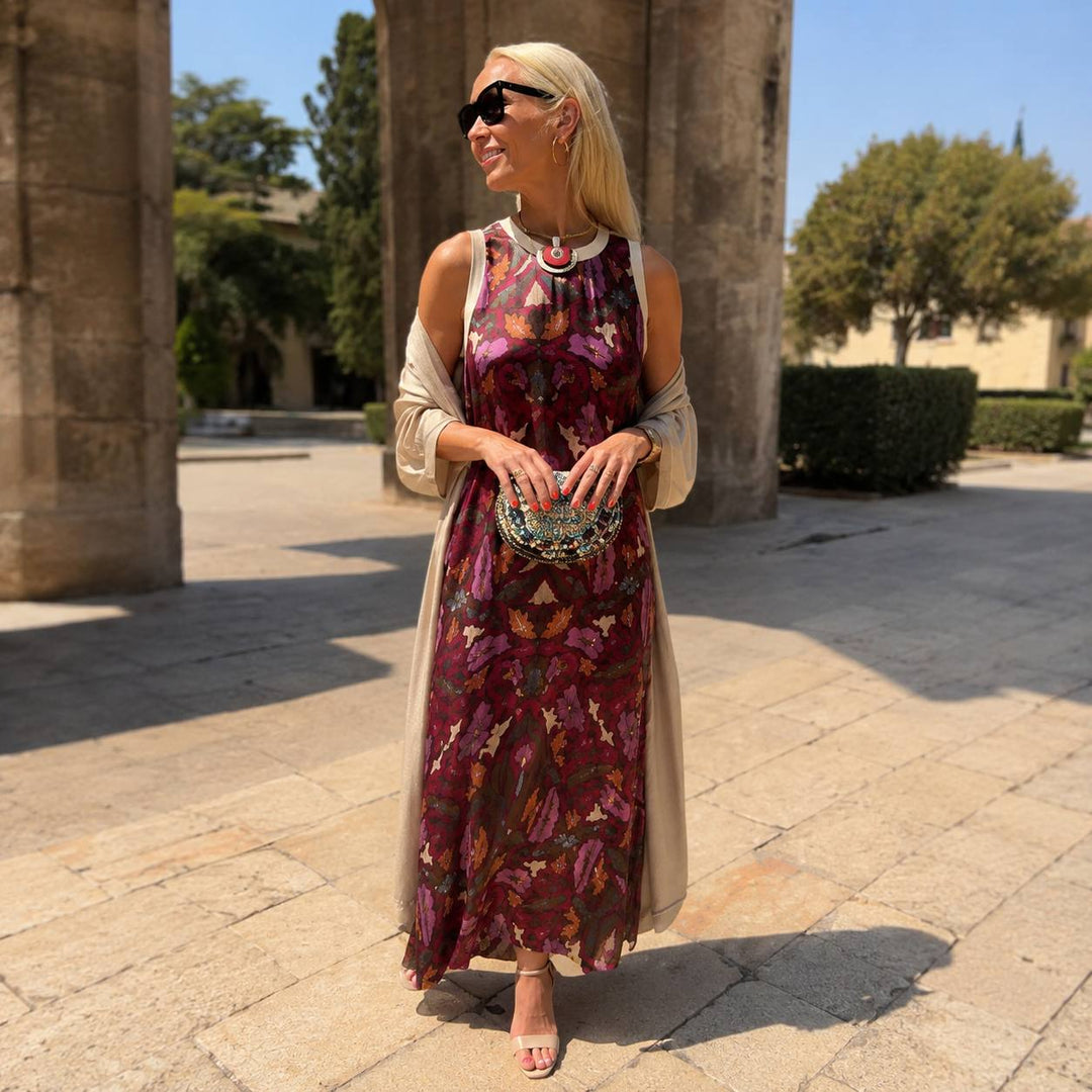 Women's Printed Sleeveless Maxi Dress with Cardigan