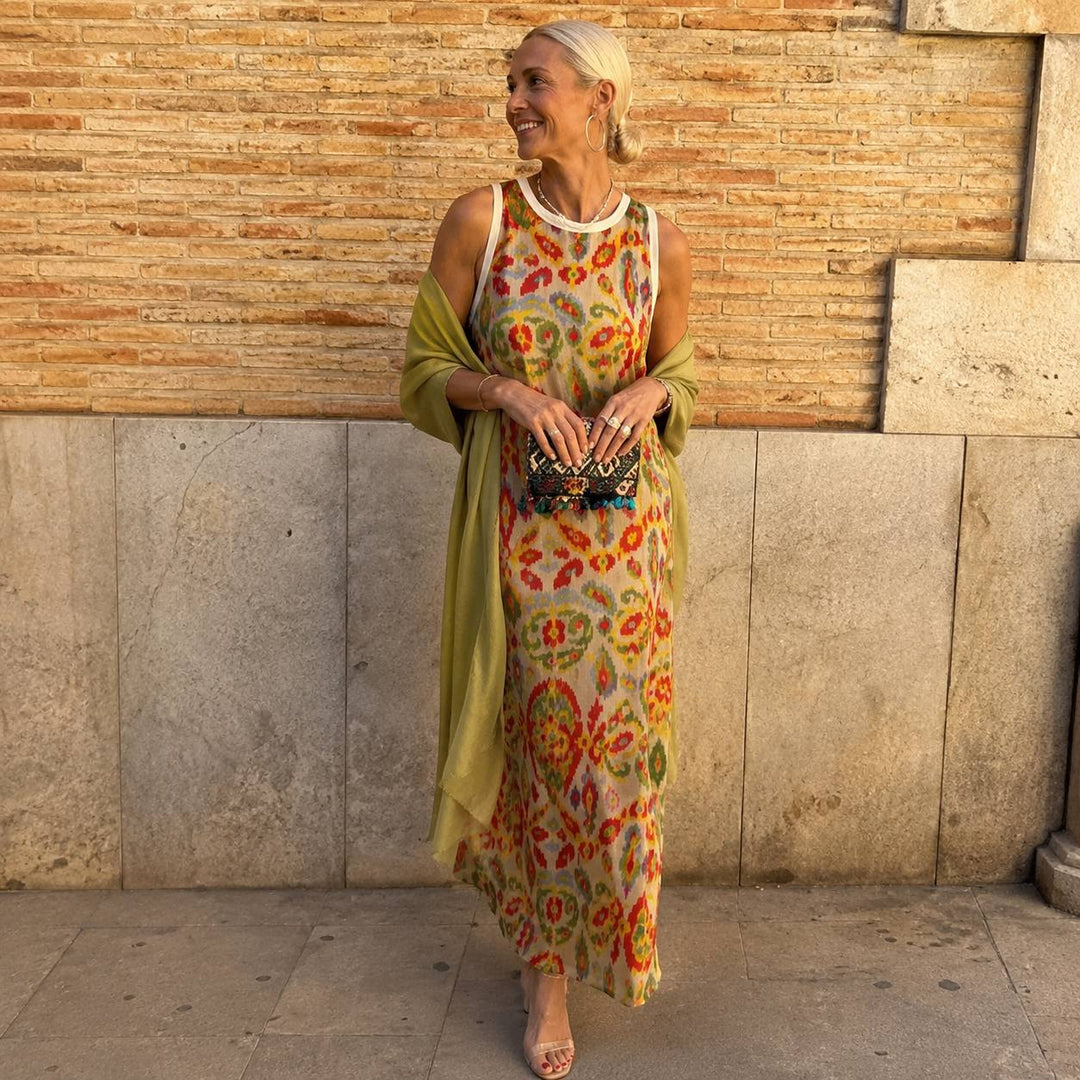 Women's Printed Sleeveless Maxi Dress with Cardigan