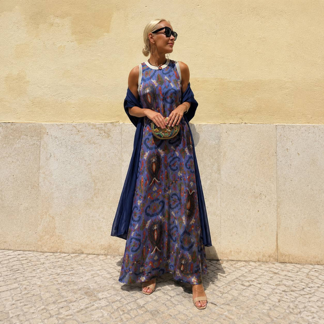 Women's Printed Sleeveless Maxi Dress with Cardigan