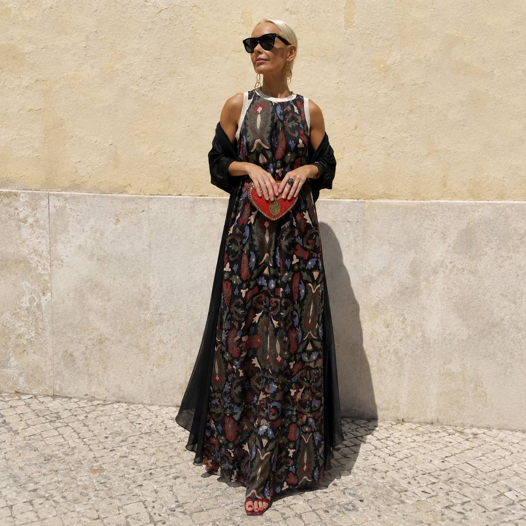 Women's Printed Sleeveless Maxi Dress with Cardigan