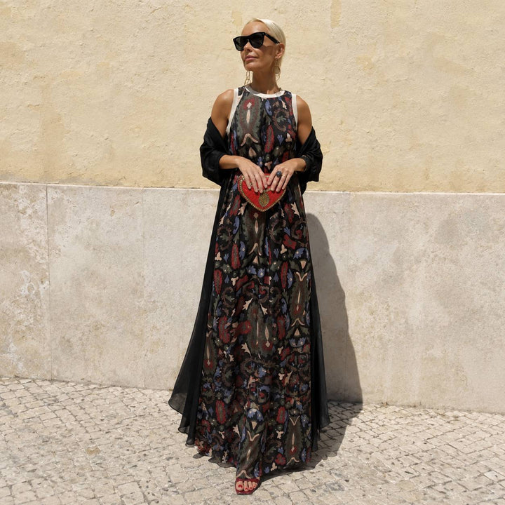 Women's Printed Sleeveless Maxi Dress with Cardigan
