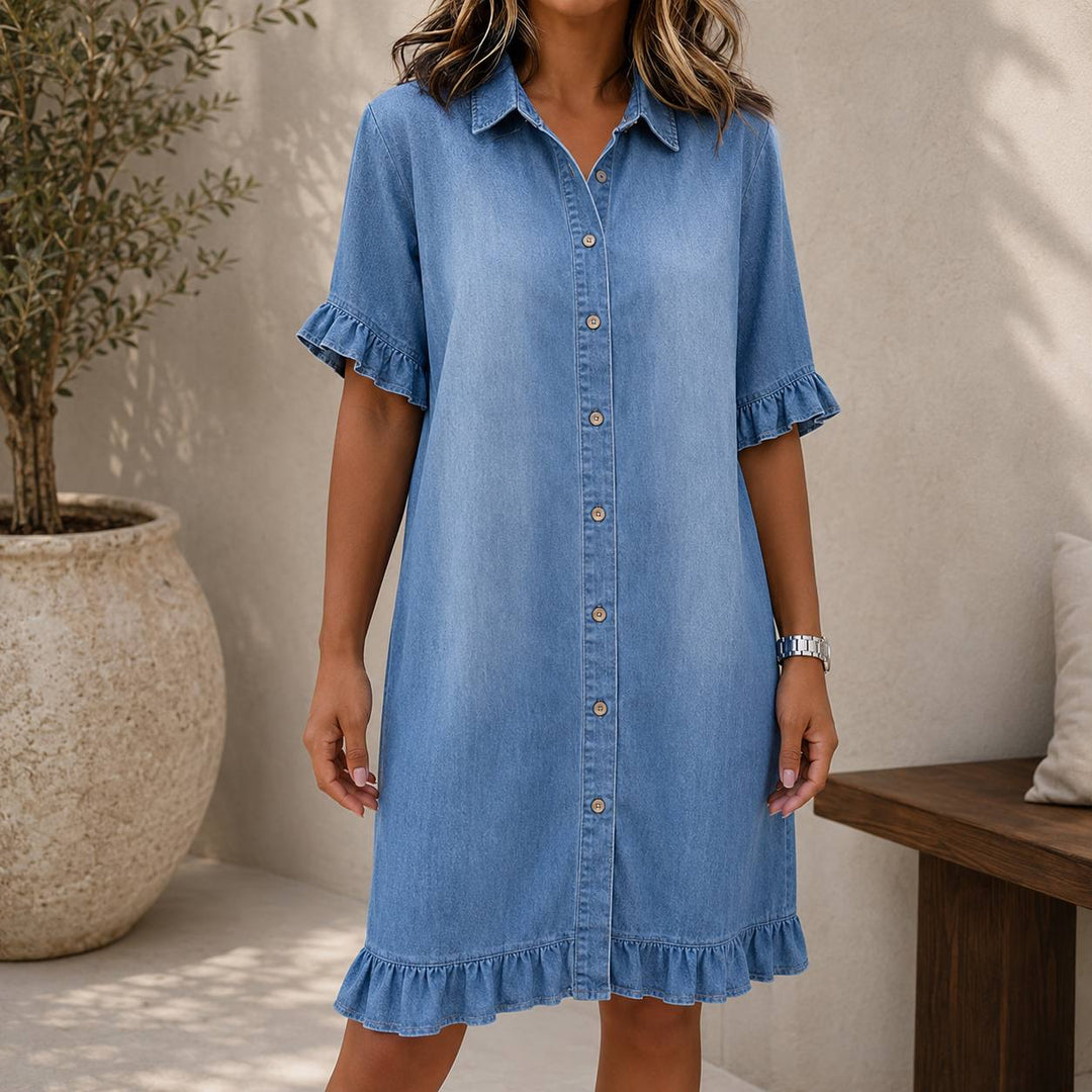 Women's Frill Sleeve Button Front Denim Dress