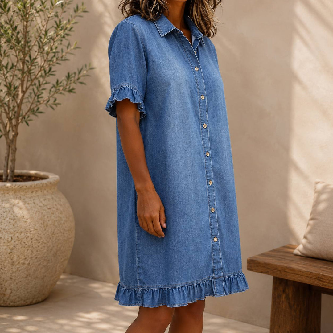 Women's Frill Sleeve Button Front Denim Dress