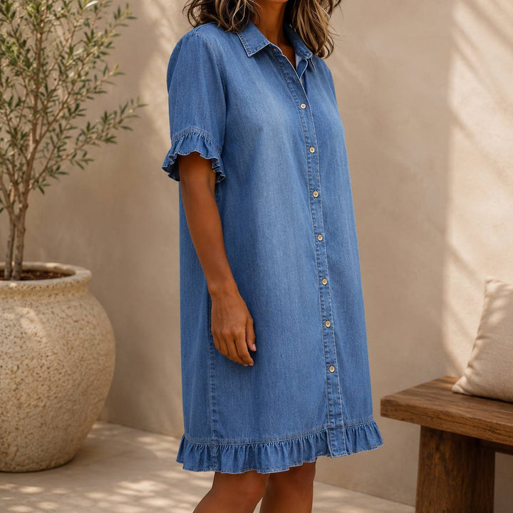 Women's Frill Sleeve Button Front Denim Dress