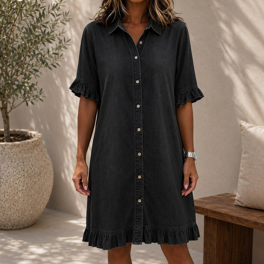 Women's Frill Sleeve Button Front Denim Dress
