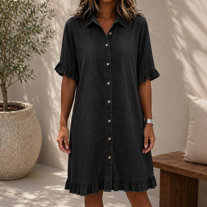 Women's Frill Sleeve Button Front Denim Dress