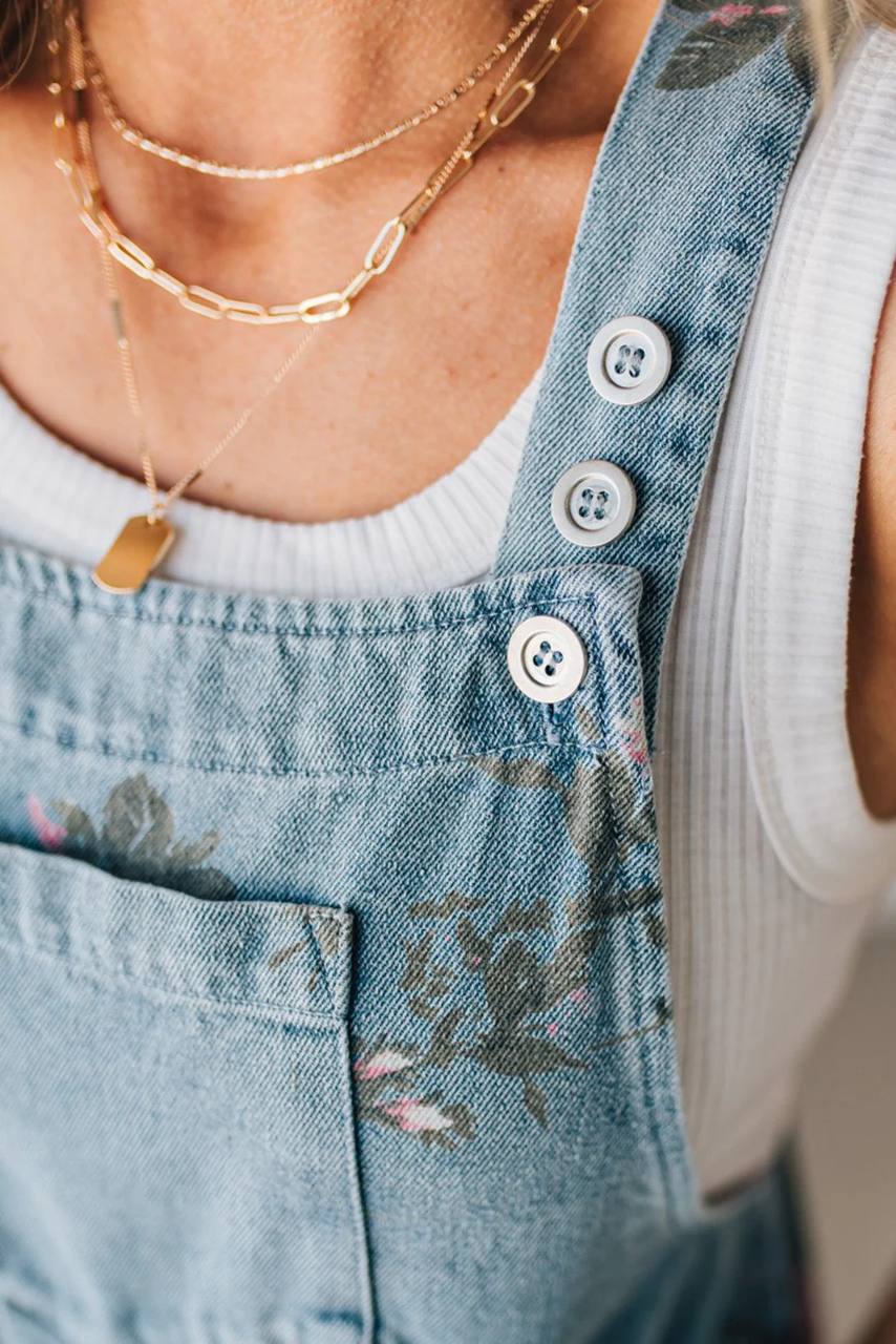 Women's Floral Denim Overall Shorts Romper