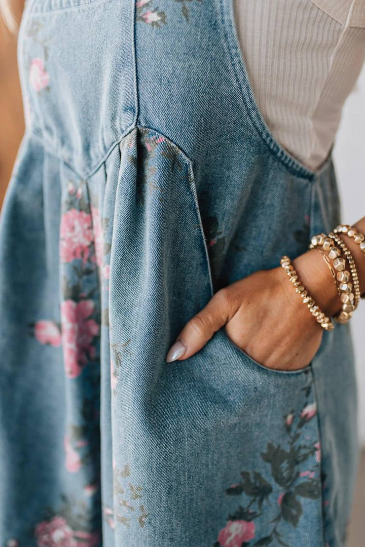 Women's Floral Denim Overall Shorts Romper