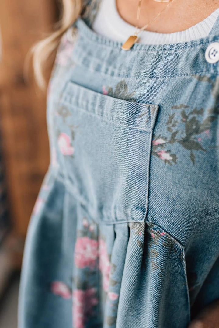 Women's Floral Denim Overall Shorts Romper