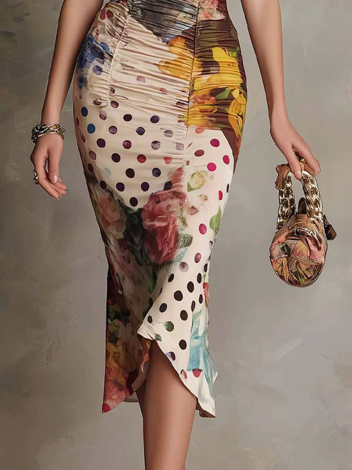 Women's Vintage Floral Patchwork Bodycon Midi Dress