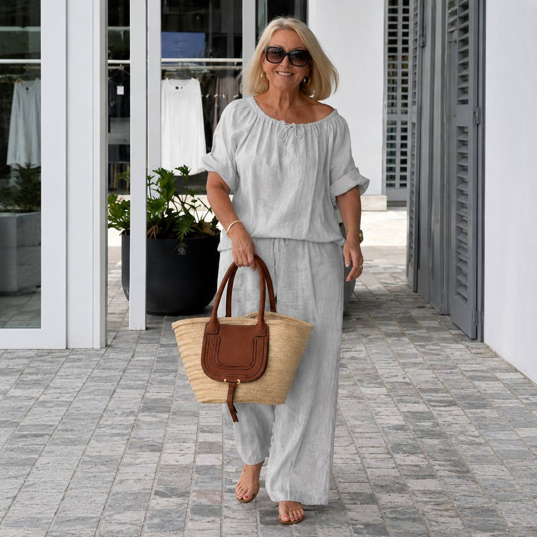 Women's Off Shoulder Linen Lounge Set – Casual Two Piece Wide Leg Outfit