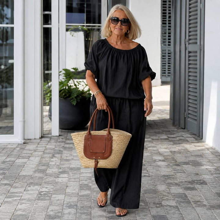 Women's Off Shoulder Linen Lounge Set – Casual Two Piece Wide Leg Outfit