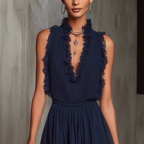 Women's Navy Lace Trim Sleeveless Mini Dress|
