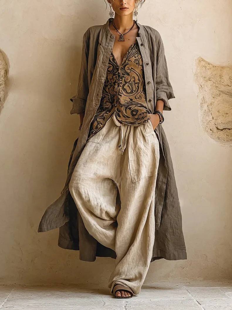 Women's Boho Cardigan & Wide Leg Trousers Set