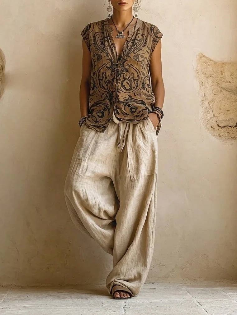Women's Boho Cardigan & Wide Leg Trousers Set