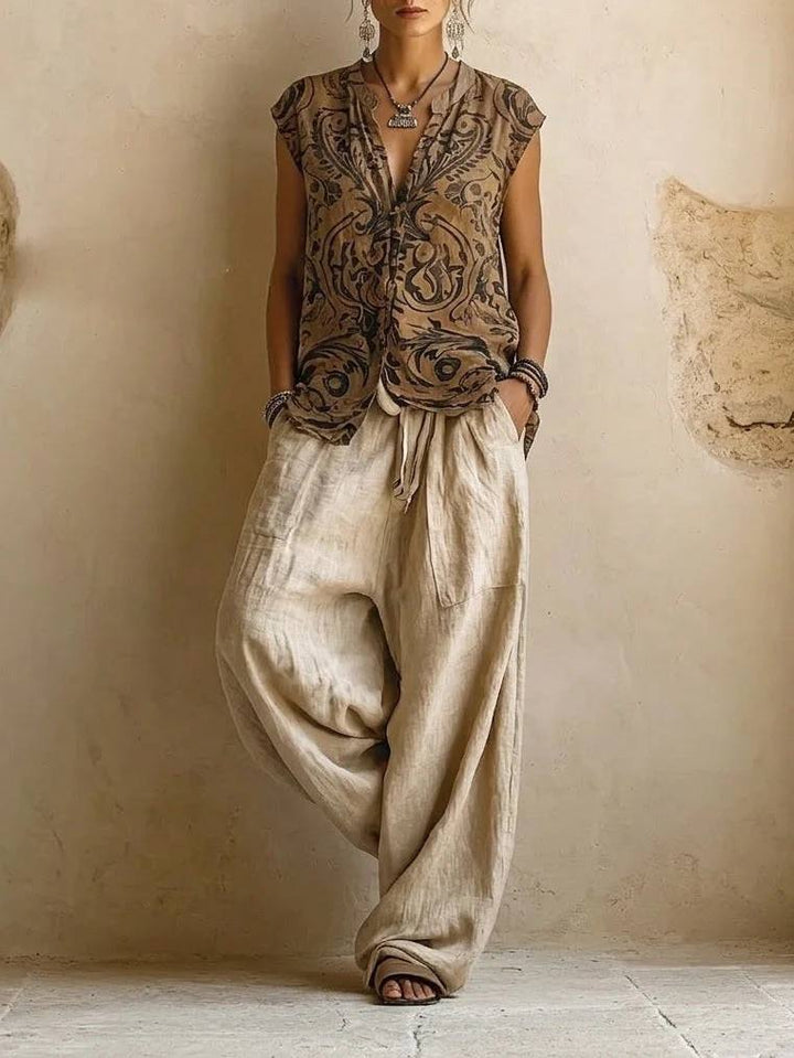 Women's Boho Cardigan & Wide Leg Trousers Set