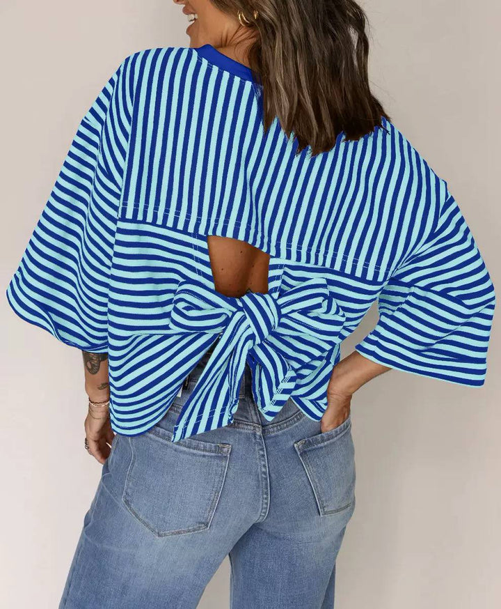 Women's Striped Open Back Bow Blouse