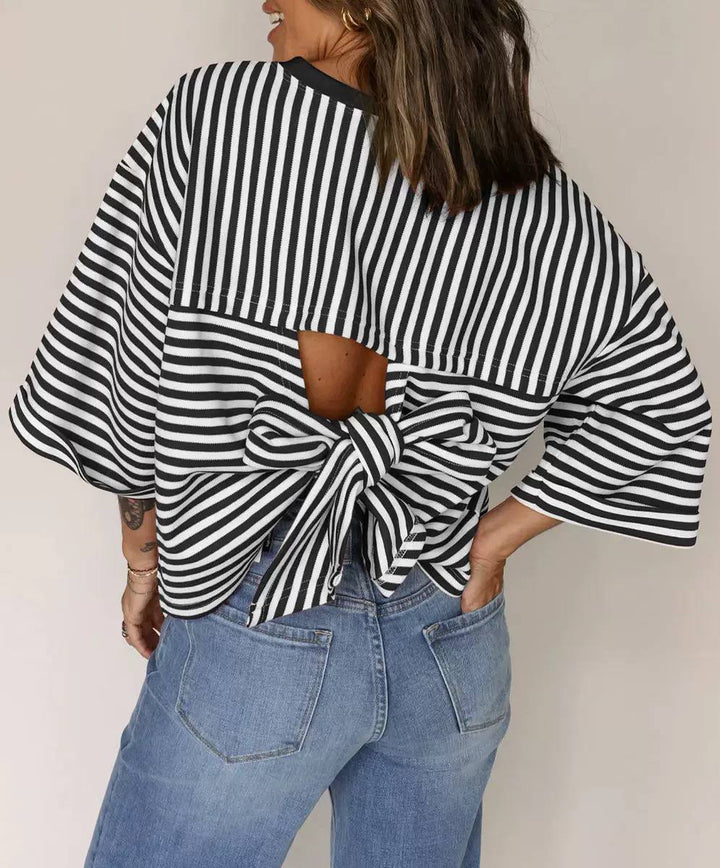 Women's Striped Open Back Bow Blouse