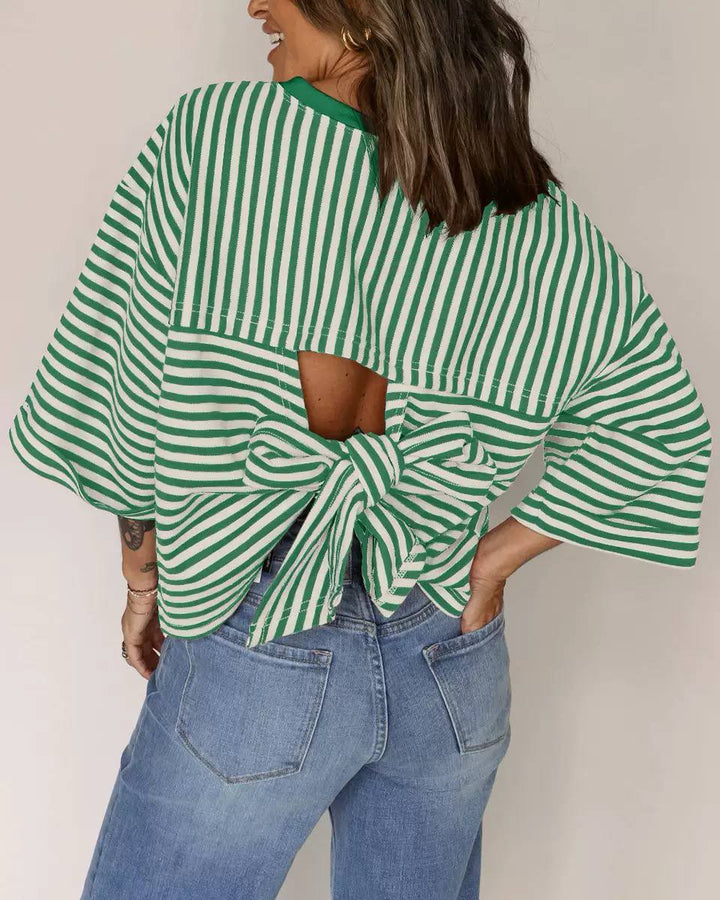 Women's Striped Open Back Bow Blouse
