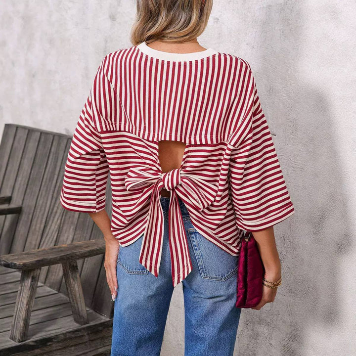 Women's Striped Open Back Bow Blouse