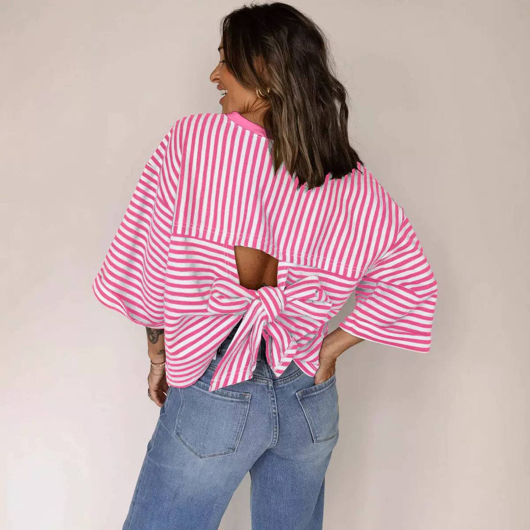 Women's Striped Open Back Bow Blouse