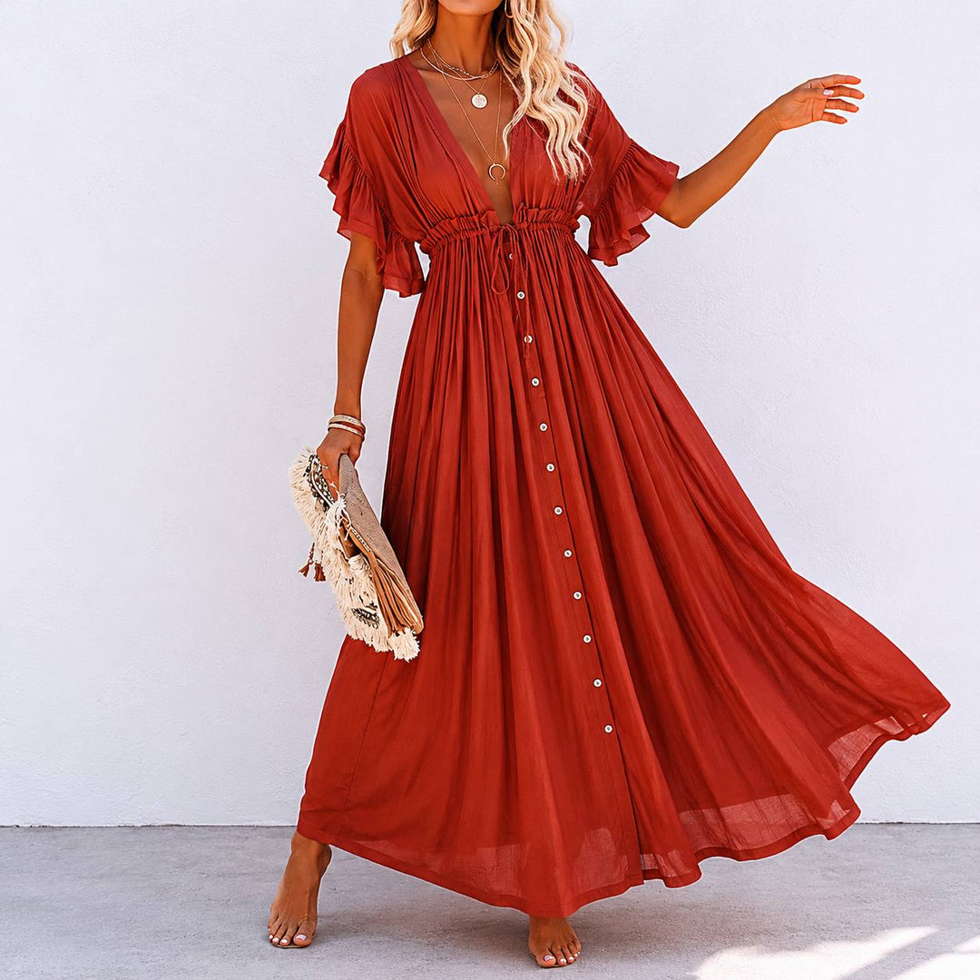 Women's Boho V Neck Ruffle Sleeve Button Maxi Dress