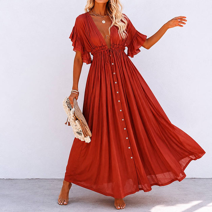 Women's Boho V Neck Ruffle Sleeve Button Maxi Dress