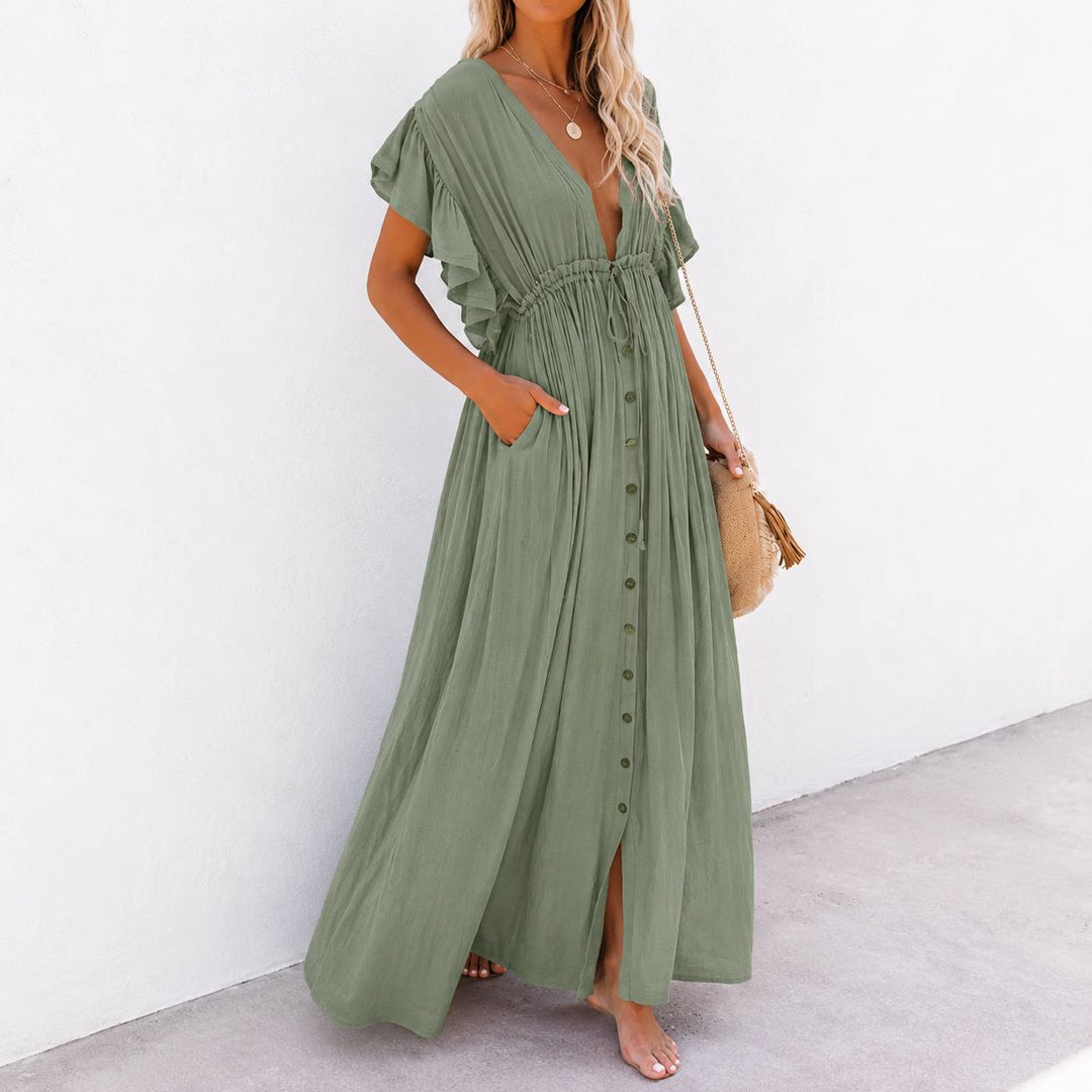 Women's Boho V Neck Ruffle Sleeve Button Maxi Dress