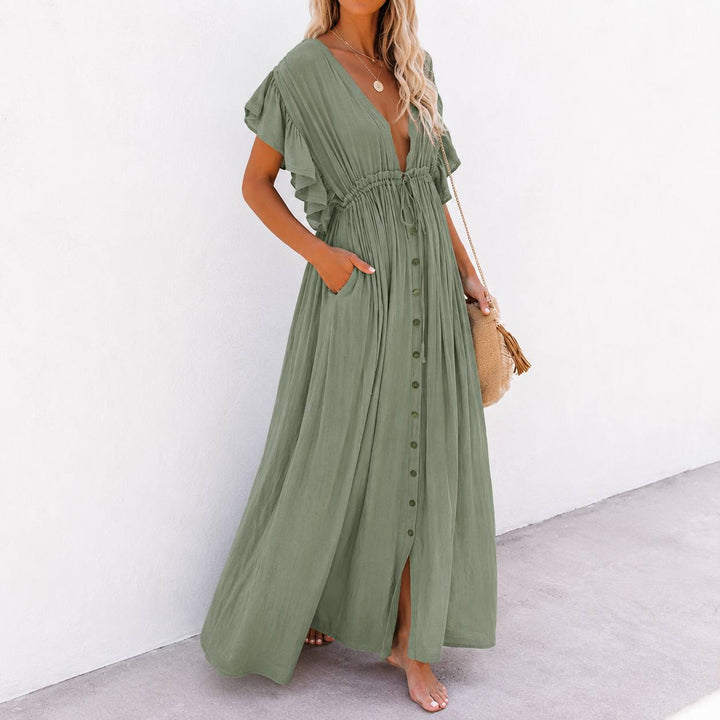 Women's Boho V Neck Ruffle Sleeve Button Maxi Dress