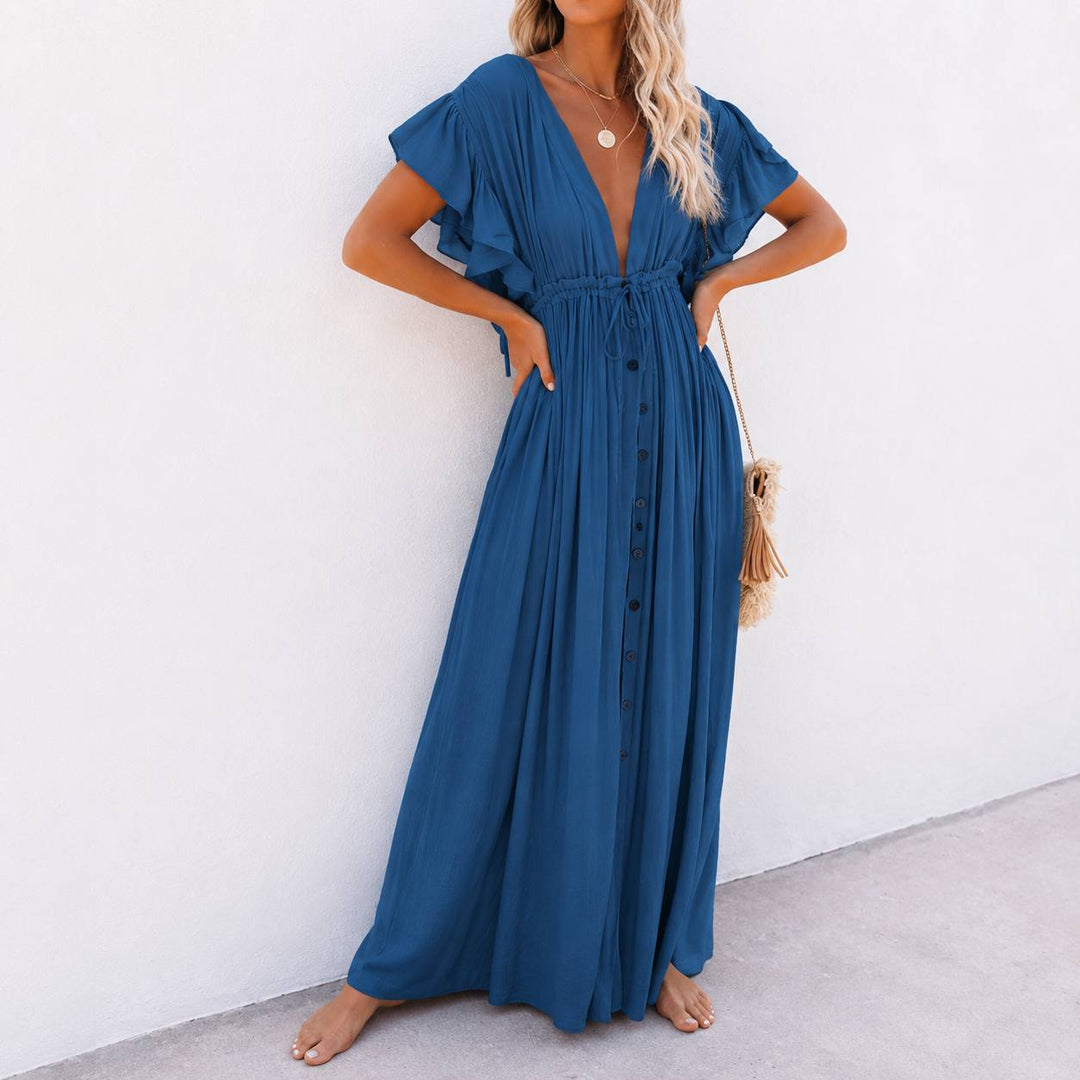 Women's Boho V Neck Ruffle Sleeve Button Maxi Dress