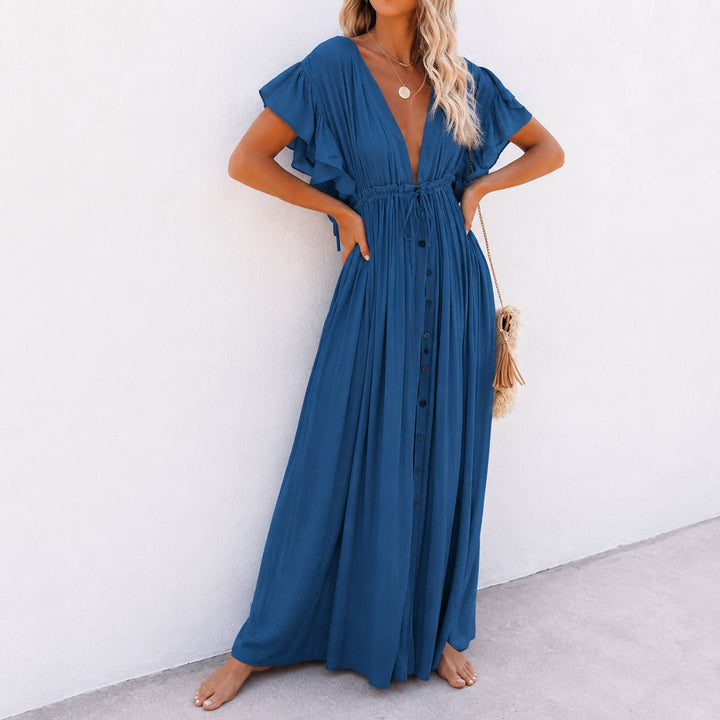 Women's Boho V Neck Ruffle Sleeve Button Maxi Dress