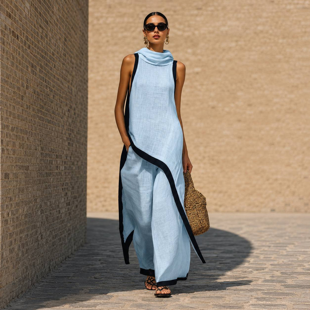 Women's Color Block Sleeveless Wide Leg Set