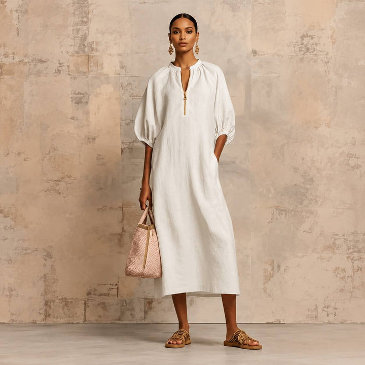 Women's Relaxed Puff Sleeve Zip-Neck Midi Dress