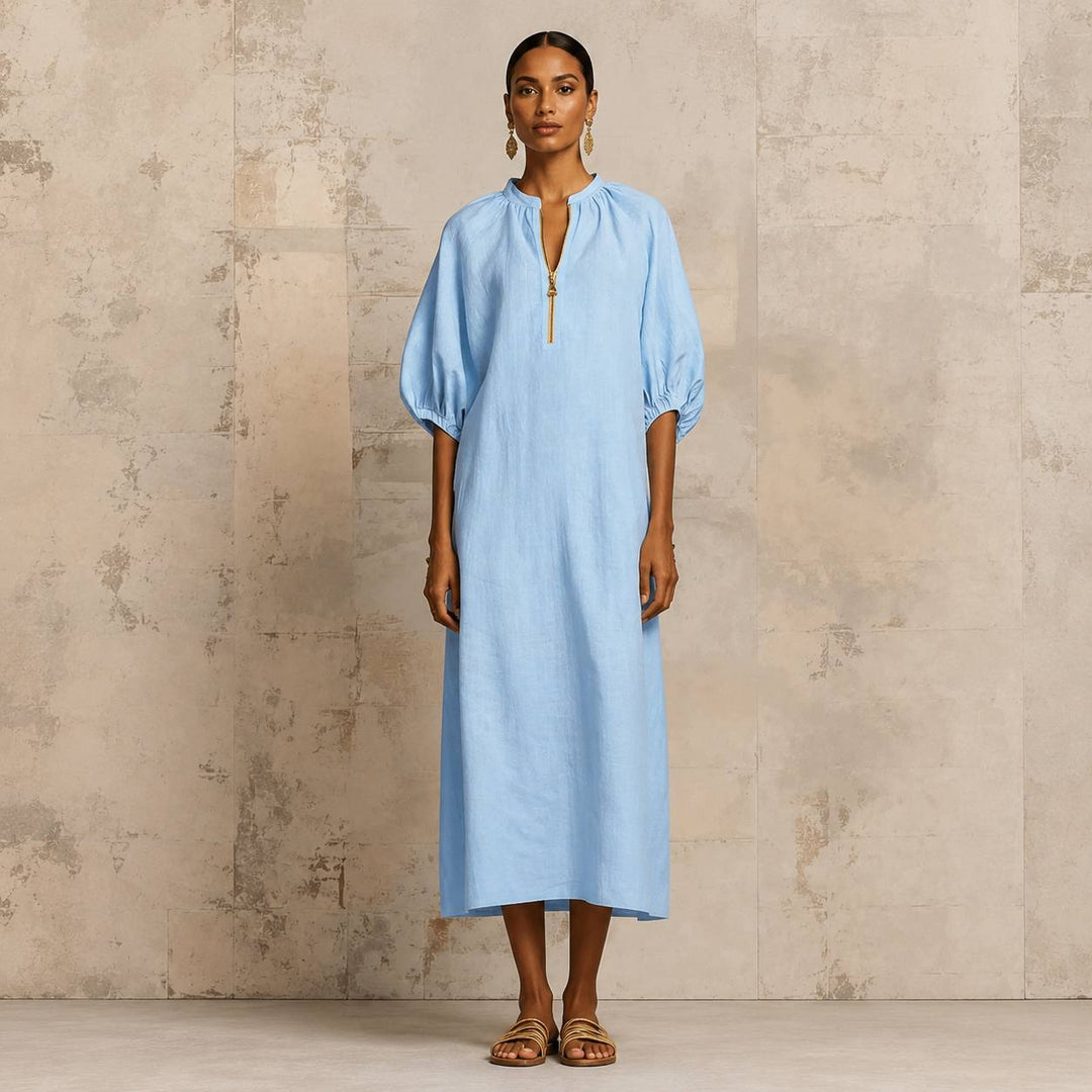 Women's Relaxed Puff Sleeve Zip-Neck Midi Dress