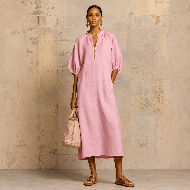 Women's Relaxed Puff Sleeve Zip-Neck Midi Dress