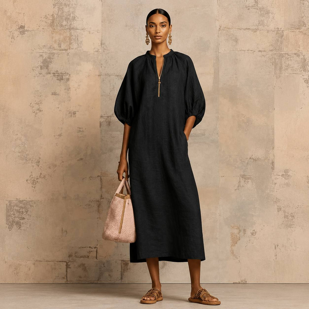 Women's Relaxed Puff Sleeve Zip-Neck Midi Dress