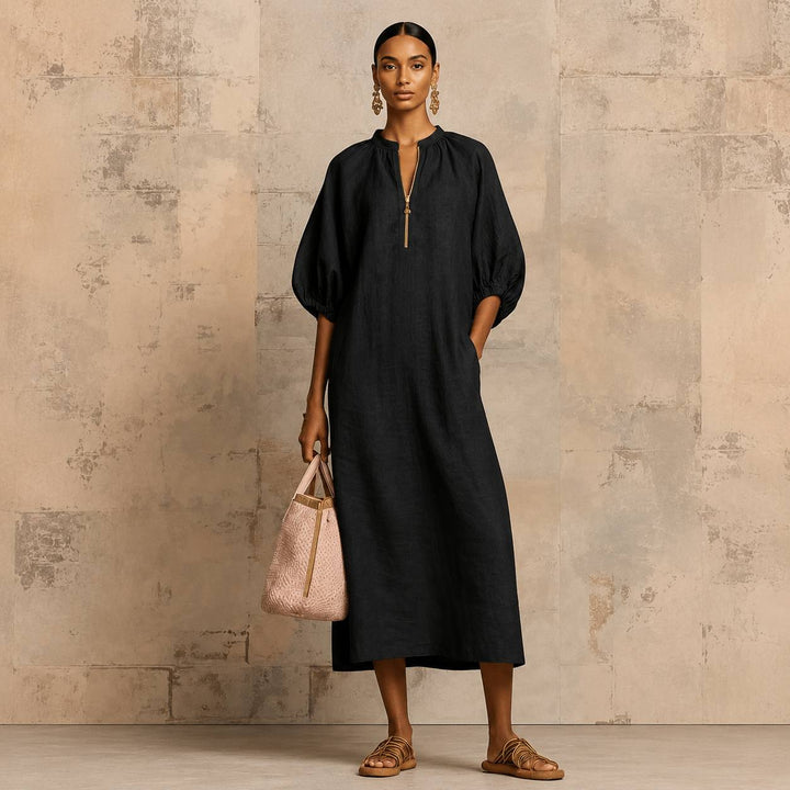 Women's Relaxed Puff Sleeve Zip-Neck Midi Dress
