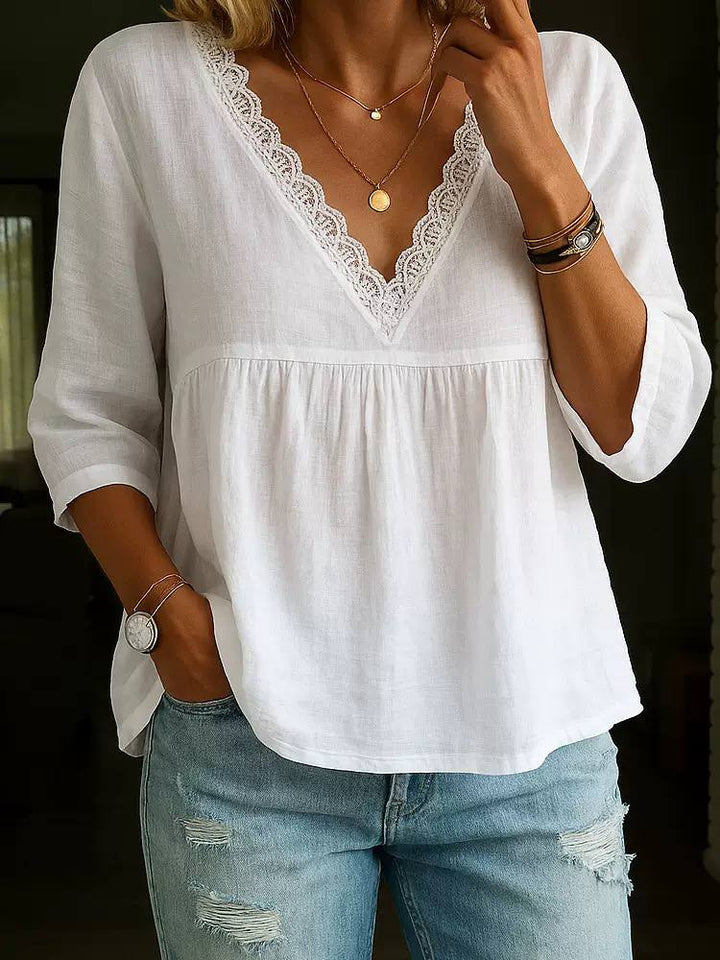 Women's Lace Trim V Neck  Blouse